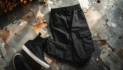 Stylish Black Cargo Pants and Sneakers on a Textured Surface.