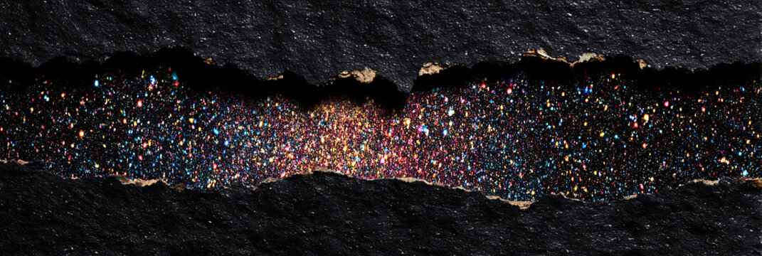A dark, torn paper rectangle reveals a vibrant, glittering abstract cosmic scene with colorful particles, suggesting a portal or hidden universe.
