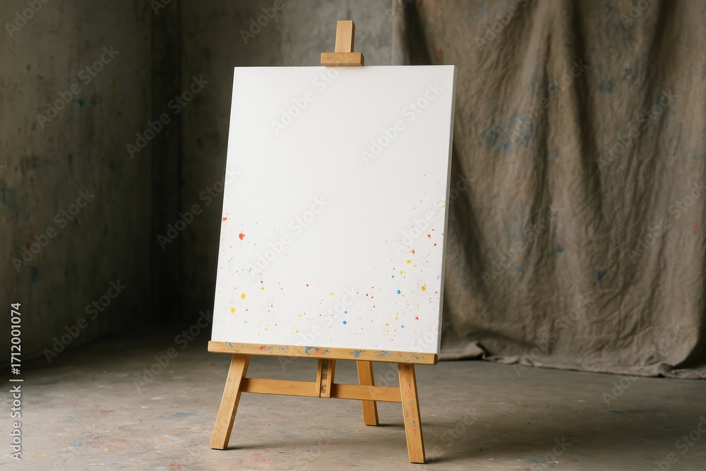 Poster blank white canvas with colorful splatter paint on wooden easel in artist studio with textured fabri