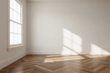 Obraz premium Bright and empty room with wooden floor and large window