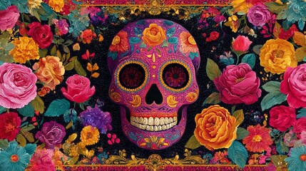 Colorful Dia de los Muertos Sugar Skull Decorated with Marigolds and Festive Floral Patterns