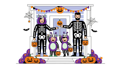 Spooky Halloween Family Celebration: A family dressed in matching spooky costumes, smiling with festive decorations and sweets, ready to embrace the spirit of the holiday season.