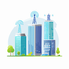 City Skyline Communication Modern Buildings with Wireless Network Towers