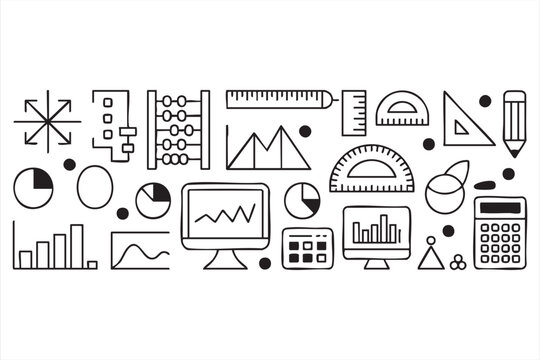 Hand-drawn math and geometry icons including ruler, abacus, and calculator for vector design