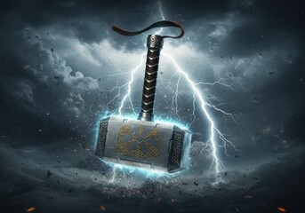 A powerful thunder hammer, encircled by dramatic lightning bolts, commands attention against a stormy backdrop.