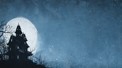 Halloween Night Atmosphere with Spooky Mansion Silhouette and Glowing Full Moon in Star-Filled Sky