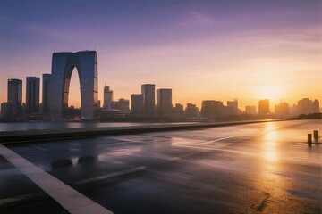 Fototapeta premium Sunset view of modern city skyline with unique architecture