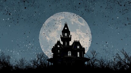 Gothic Halloween Landscape with Dark Haunted House and Bright Moon Creating Eerie Atmospheric Scene