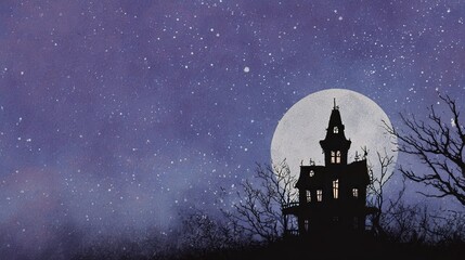 Spooky Halloween Night Scene with Haunted Victorian Mansion Silhouette Against Large Full Moon and Starry Sky