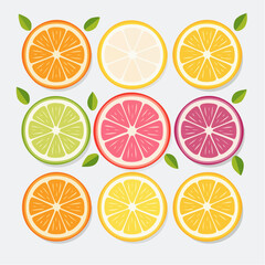 Bright Citrus Burst A Vector Illustration of Sliced Oranges, Lemons, Grapefruit, and Limes with Green Leaves