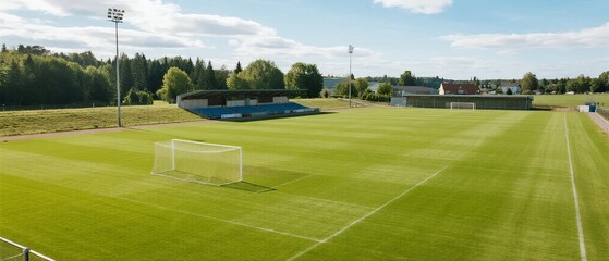 Obraz premium A well-maintained soccer field with goalpost and surrounding greenery