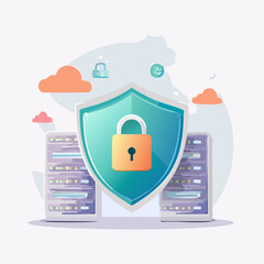 Cybersecurity and digital data protection concept illustrated by a shield with a padlock guarding server racks against online threats