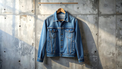Stylish light blue denim jacket hanging on wooden hanger against a concrete wall.