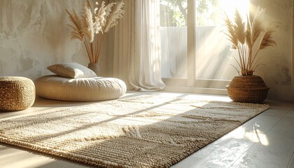 Biodegradable fiber rug with shimmering patterns, eco-chic decor in a minimalist space, soft lighting, ultra-realistic weave, mystical allure