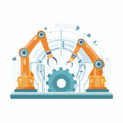 Robotic arms assemble a large cogwheel in a modern industrial setting with futuristic technology elements and clear blue background