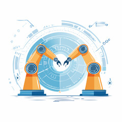 Futuristic concept of industrial automation featuring two robotic arms interacting with a high-tech circular interface
