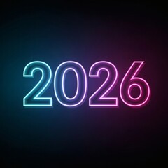 Glowing neon sign for the year 2026 with vibrant blue and pink lights on a dark background, representing a futuristic new year celebration