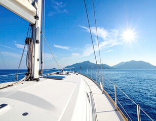 Obraz premium Bright Sunny Day at Sea on Sailboat with Azure Blue Waters and Distant Mountain Under Clear Sky During Sunny Day