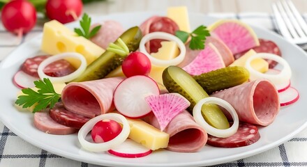 Delicious Assorted Cold Cuts Salad with Radishes.