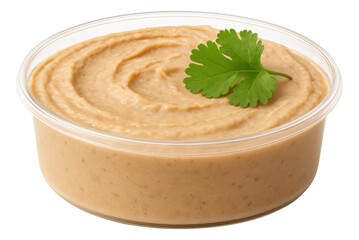 Creamy hummus in a clear plastic container garnished with a fresh cilantro leaf.
