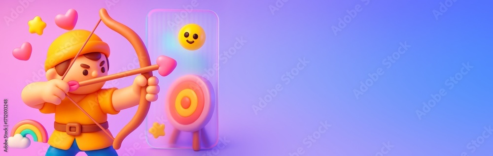 Poster cartoon archer character shooting heart arrow at target with smiley face on colorful gradient backgr