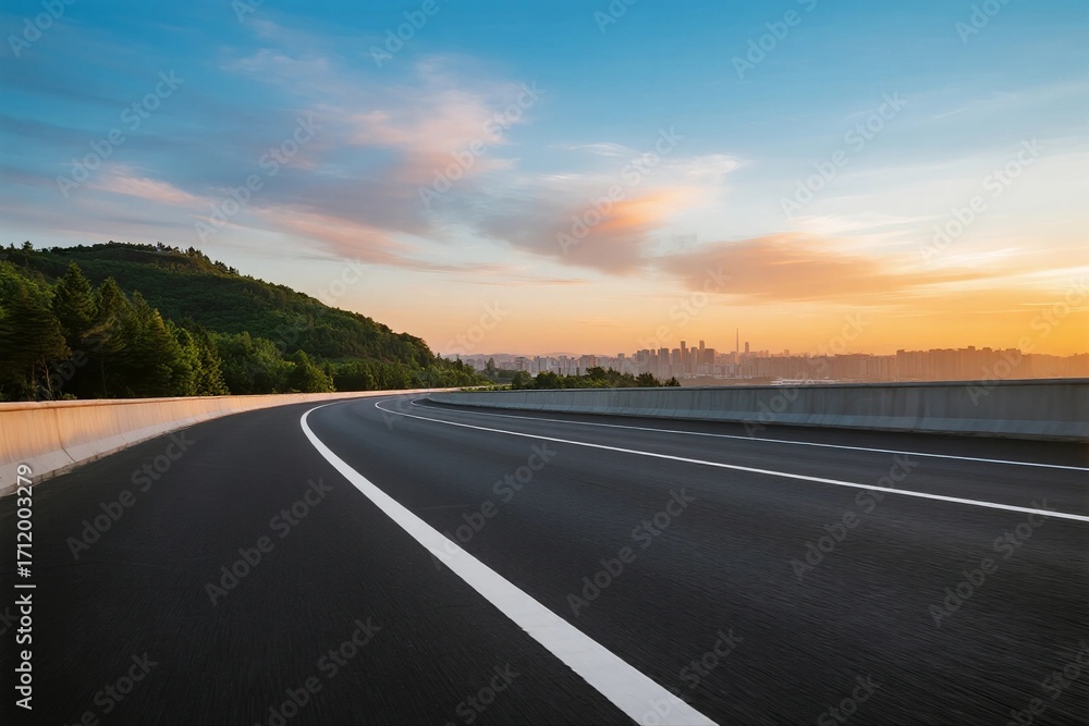 Poster Sunset view of an empty highway with scenic landscape in the background