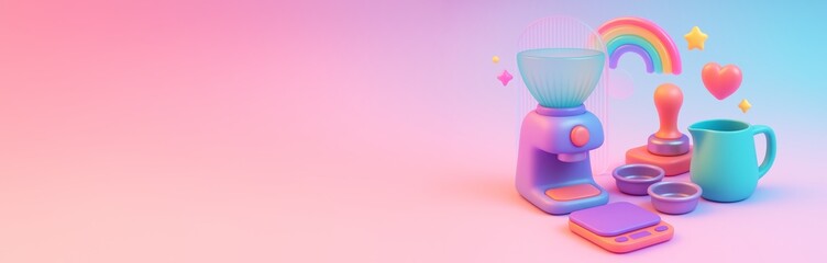 Colorful coffee brewing tools with rainbow and heart on pastel gradient background, ideal for advertising or design mockup with copy space. Ai generative