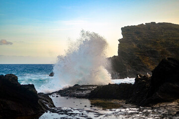 Ocean Waves Crashing on Volcanic Rocks, Oahu Hawaii