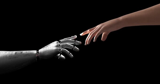 Technology concept with human and robotic fingers touching gently. Technology related 3d animation. 