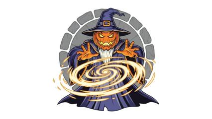 Mystical Pumpkin Sorcerer: A captivating digital illustration of a pumpkin-headed sorcerer, conjuring swirling energy with an air of mystery. Evoking a sense of magic and wonder.