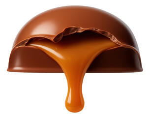 A chocolate candy with a smooth caramel filling oozing out from a cracked chocolate shell.