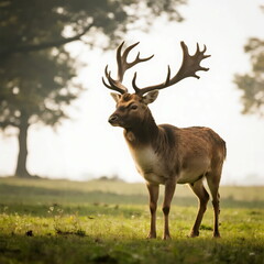 Fototapeta premium A majestic deer with large antlers standing on a green field