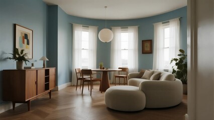 Modern and cozy living room with blue walls and modern furniture