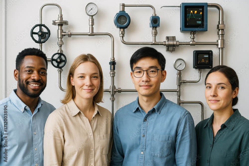 Poster diverse group of young engineers standing confidently in front of industrial control system on light