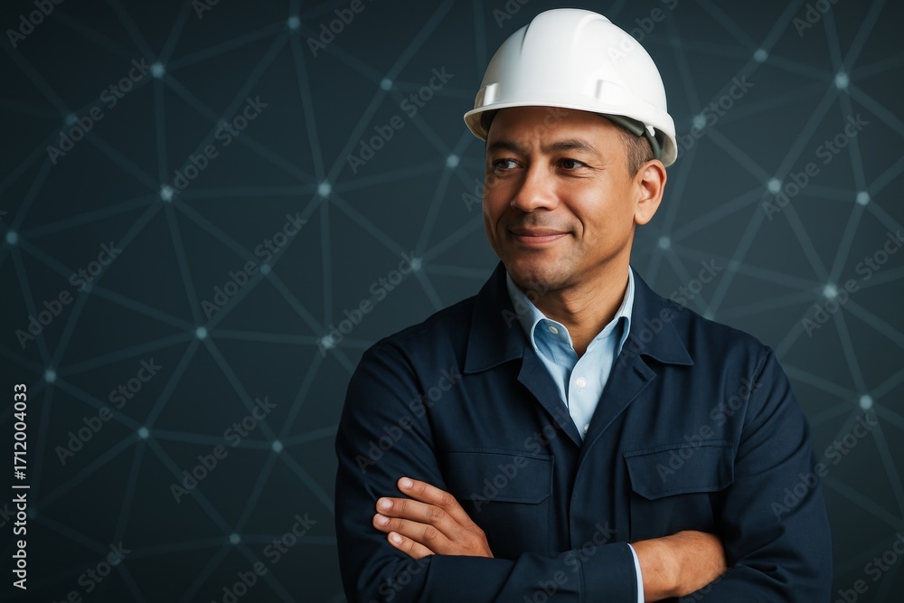 Poster confident engineer in white helmet smiling with arms crossed against abstract network background in 