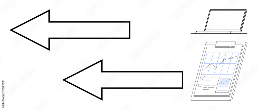 Poster two bold arrows pointing in opposite directions next to a laptop and a clipboard with a data graph. 