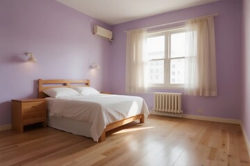 Fototapeta premium Cozy bedroom with purple walls and wooden flooring