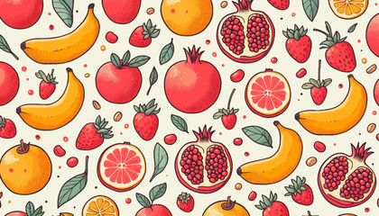 seamless vector background with pomegranate, strawberry and banana, fruits pattern template