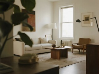 Modern living room with comfortable sofa and natural light