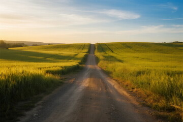 A scenic dirt road winding through lush green fields under a clear sky