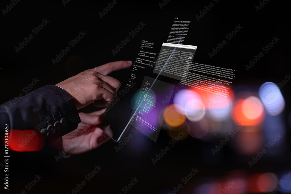 Aufkleber businessman using digital tablet with futuristic virtual data interface, coding screen, and technolo