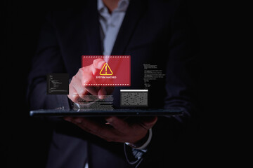 Cybersecurity concept with businessman touching digital screen showing system hacked warning, data breach, and cyber attack alert for online security risk prevention.