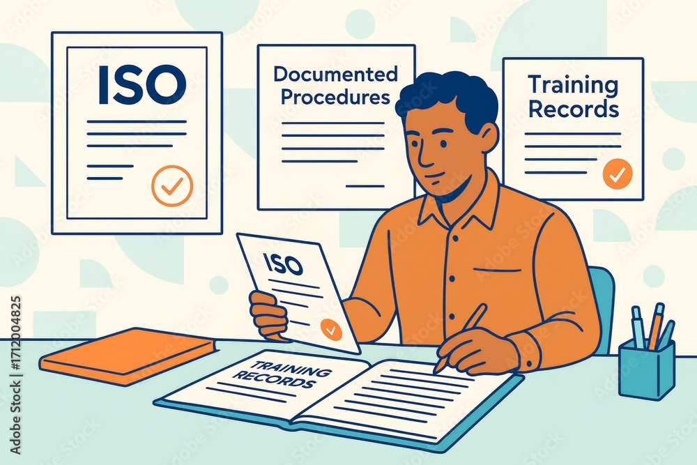 Poster office worker reviewing iso certification documents with training records in a compliance-focused in