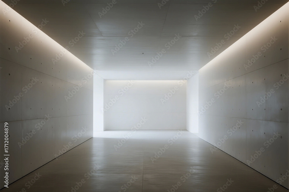 Poster a bright and minimalist empty room with clean lines and even lighting