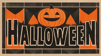 Vintage Halloween Banner with Orange Jack-o'-Lantern Face and Black Triangle Bunting on Rustic Wood