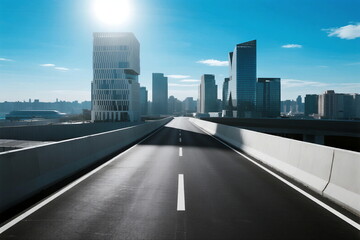 Obraz premium Modern city road with tall buildings under clear blue sky