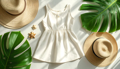Summer fashion flat lay with baby dress, straw hats, and monstera leaves on white background.
