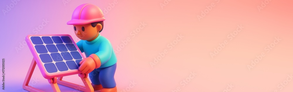 Poster cartoon engineer adjusting solar panel on vibrant gradient background with empty space for eco-energ
