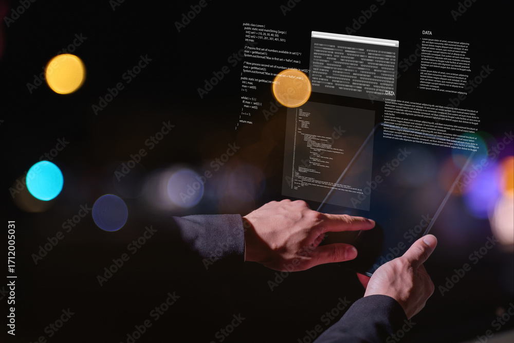 Aufkleber businessman using digital tablet with futuristic virtual data interface, coding screen, and technolo