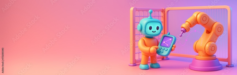 Poster cute robot character controlling robotic arm with device on colorful gradient background, ideal for 